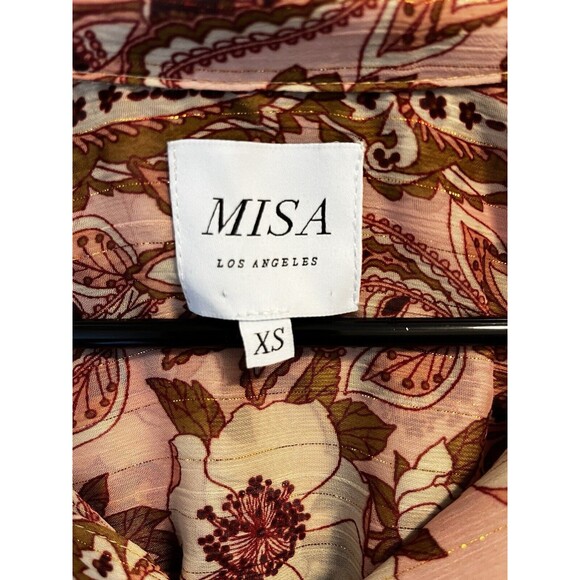 MISA Los Angeles Lara Brown Beige FloralShort Sleeve Collared Blouse Size XS - Picture 2 of 11